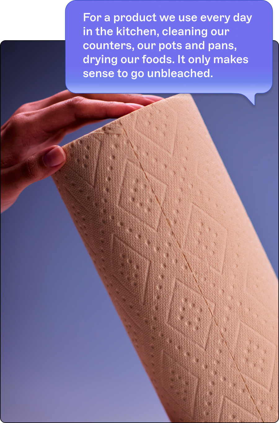 Hand holding PlantPaper Towel with purple chat box on top