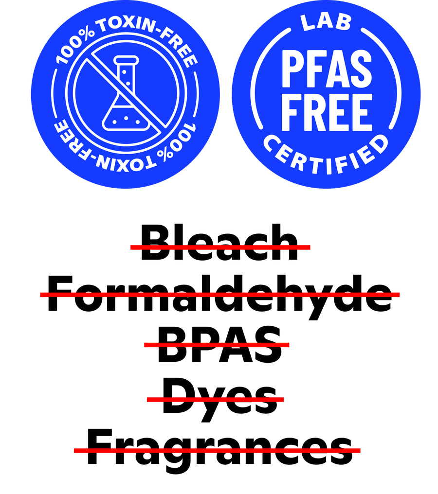 Blue circular badges certifying PlantPaper Towel as toxin-free and PFAS free, above crossed out text excluding bleach, formaldehyde, BFAS, Dyes, and Fragrances